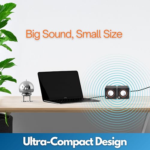 Manhattan USB Powered Stereo Speaker System - Small Size - with Volume Control & 3.5 mm Aux Audio Plug to Connect to Laptop, Notebook, Desktop, Computer - 3 Yr Mfg Warranty - Black Orange, 161435 | Powered desktop sound pair with analog input, 90 Hz-20 kH
