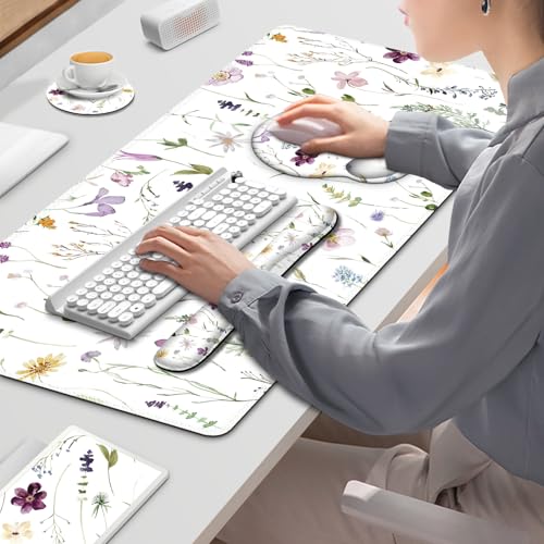 Gaming Mouse Pad, Large Desk Mat Cute Desk Pad Protector, 4in1 XXL Mousepad | + Keyboard Wrist Rest+Mouse Wrist Rest+Coaster Set with Ergonomic Desk Pad for Home Office Computer, Purple Flower Plants - color: Purple Flower Plants