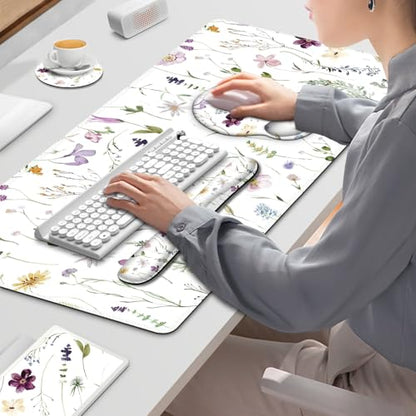 Gaming Mouse Pad, Large Desk Mat Cute Desk Pad Protector, 4in1 XXL Mousepad | + Keyboard Wrist Rest+Mouse Wrist Rest+Coaster Set with Ergonomic Desk Pad for Home Office Computer, Purple Flower Plants - color: Purple Flower Plants