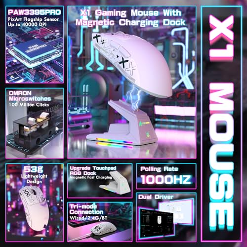 ATTACK SHARK X1 Ultralight Tri Mode Wireless 40000 DPI Gaming Mouse-White | Magnetic RGB Charging Dock,Anti Slip Grip Tape,PixArt PAW3395 Pro Optical Sensor,BT/2.4Ghz/Wired,Driver for PC Win Mac Gamer - color: White+Grip Tape