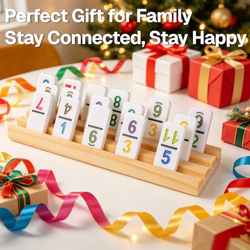 Mexican Train Dominoes Double 15, 136 Number Tiles, 8 Racks & Hub | Colorful Numbered Tiles, Wooden Racks, Center Hub, Portable Case, Great for More Players & Family Game Nights - style: Double 15 Number+8 Racks