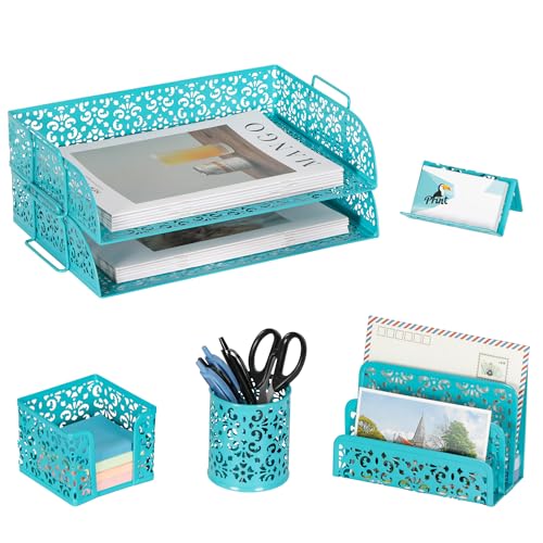 EasyPAG Desk Organizers and Accessories 5 Pieces Office Supplies Set - 2 Tier Paper Tray, Pencil Organizer for Desk, Mail Sorter Countertop, Business Card Holder and Sticky Note Holder, Dark Teal - color: Dark Teal