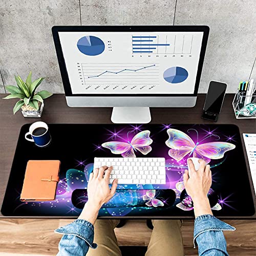 Large Mouse Pad with Wrist Rest, 4-in-1 Wrist Rest for Keyboard and Mouse | Non-Slip Waterproof Desk Mat Set, 35.4"x15.7" Desk Mat+Keyboard Wrist Rest+Mouse Wrist Support+Cup Coaster for Home Office - color: 4Pcs-Butterfly