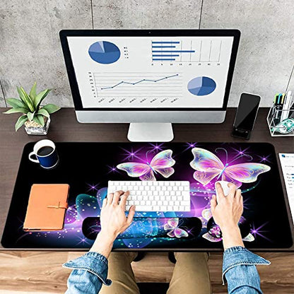 Large Mouse Pad with Wrist Rest, 4-in-1 Wrist Rest for Keyboard and Mouse | Non-Slip Waterproof Desk Mat Set, 35.4"x15.7" Desk Mat+Keyboard Wrist Rest+Mouse Wrist Support+Cup Coaster for Home Office - color: 4Pcs-Butterfly