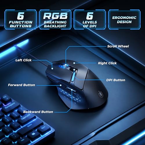 Uineer Wired Gaming Mouse, 7200 DPI, 6 Programmable Buttons, RGB Lighting | 6 programmable buttons, adjustable 7200 DPI, RGB lighting and quiet clicks for work or gaming.
