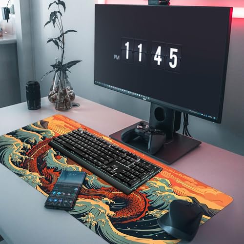 Wave Sea Dragon Gaming Mouse Pad,Anime Mouse Pad Gaming 31.5 x 11.8 in Mouse Mat Desk Pad,Extended Keyboard Pad Large Desk Mat Mousepad with Non-Slip Base and Stitched Edge for Home Office - color: Japanese Waves Sea Dragon
