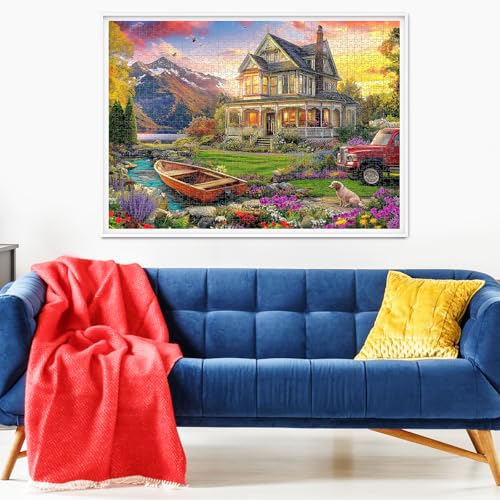 1000 Piece Puzzles for Adults, Autumn Landscape Jigsaw Puzzle, Villa and Dog Jigsaw Puzzles 1000 Pieces, Challenging Game Home Decor Birthday Party Gift Toy for Adults Kids Seniors, 28×20 in - style: Villa and Dog