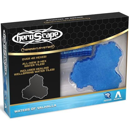 Renegade Game Studios Heroscape Waters of Valhalla - 40 Water Hexes Set | Compatible with Heroscape Battle Boxes; Features Sparkly Blue Water Tiles, Healing Wellsprings & Modular Hex Locking