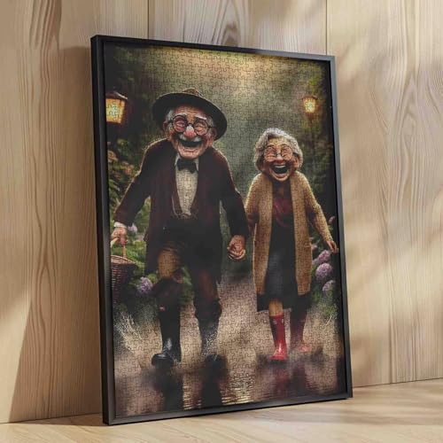 Old Couple in The Rain Jigsaw Puzzles Comical Old Folks 1000 Pieces for Adults Grandpa and Grandma Playing in The Water Puzzles for Family or Friends - color: Old Woman-a29