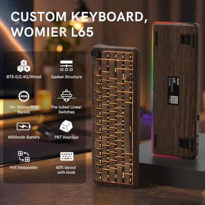 womier L65 60% Brown Mechanical Keyboard with Knob,4000mAh,Tri Mode USB-C/BT5.0/2.4G,RGB Backlit,Hot Swap,Linear Switch,Gasket Mounted Wireless Gaming Keyboard for PC/Mac,Wood Pattern Theme - color: Wood Pattern theme