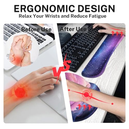 Arttown Keyboard Mouse Pad Set, 4 in 1 Desk Mat Set Galaxy Nebula | Night Sky Mountains Large Mousepad+Keyboard Wrist Rest+Mouse Wrist Rest+Coaster Ergonomic Design for Home Office Computer - color: Purple Starry Sky