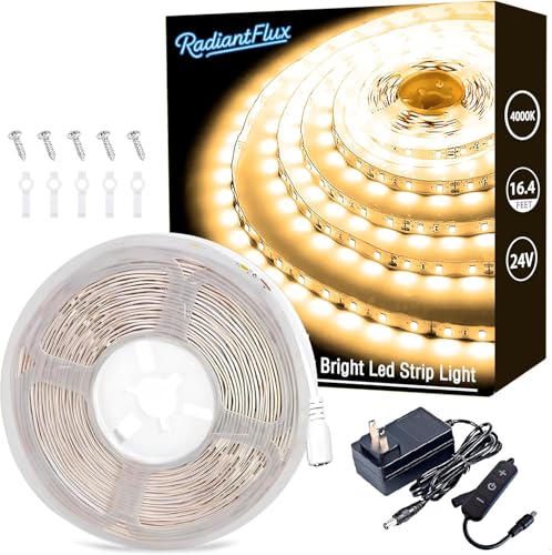 RadiantFlux 4000K 16.4Ft Led Strip Lights, Natural Light Strips Lights Indoor Use, Dimmable,Flexible, Super Bright LED Tape Lights for Living Room, Kitchen - color: Neutral White, size: 16.4FT