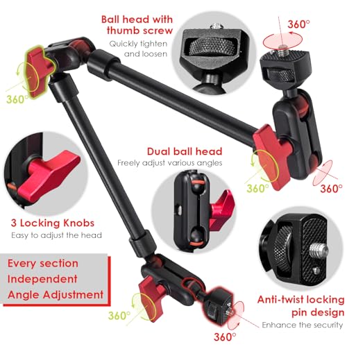 22" Magic Arm w Clamp Mount, Adjustable Overhead Phone Mount Stand, Articulating Friction Boom Arm w Thread Adapter for Webcam Tripod Light Video Rig Camera