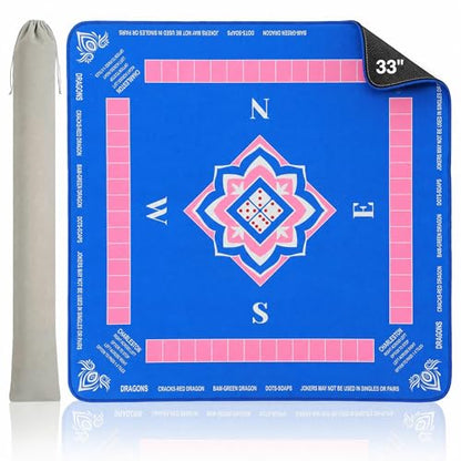 PRETYZOOM 33x33 Inch Mahjong Mat with Drawstring Bag for American Chinese Board Games with Rules, Thick Rubber Non-Slip Square Table Cover, Portable Noise Reduction Edge Stitched Pad, Navy Blue