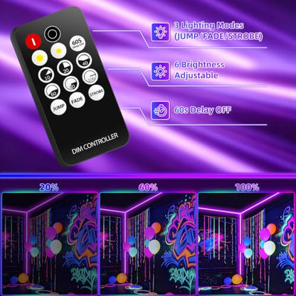 50 Foot Black Light Strip & Remote, 900LEDs, Dimmable, 3 Lighting Modes | 12V Flexible Black Lights forHalloween, Glow Neon Party, Bedroom, Classroom, Fluorescent Decor Tapestry Poster, Indoor - size: 50FT