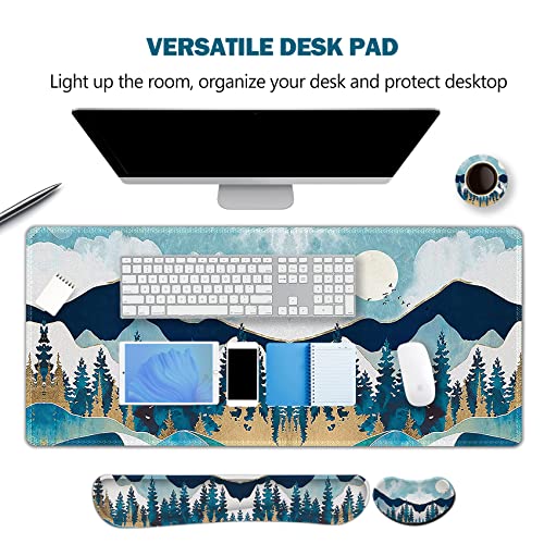 ARTSO Large Gaming Mouse Pad Set, Keyboard Wrist Rest Support + Mouse Wrist Cushion + Extended Mousepad + Coaster, 35x15.5in Multifunctional Desk Mat, Abstract Mountain - color: Abstract Mountain