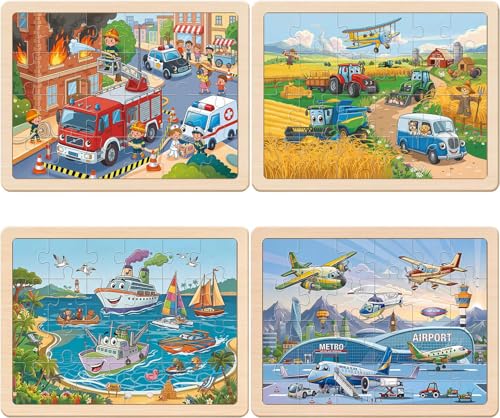 Wooden Puzzles for Kids Ages 4-6, 4 Pack with 24 Pieces Jigsaw Puzzles Preschool Educational Toys Gifts for Children Ages 3-5, Kids Toys Gifts for 4+ Year Olds Boys Girls - color: Vehicle Farm Airplane Boat