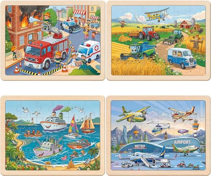 Wooden Puzzles for Kids Ages 4-6, 4 Pack with 24 Pieces Jigsaw Puzzles Preschool Educational Toys Gifts for Children Ages 3-5, Kids Toys Gifts for 4+ Year Olds Boys Girls - color: Vehicle Farm Airplane Boat