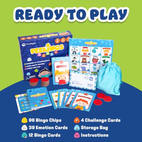 ThinkPsych Feelings Bingo | Act It Out Emotion Game | Social Emotional Learning | Play Therapy Games, Classrooms, and Family Game Night | Gift Idea for Kids Ages 5+ | 2-6 Players