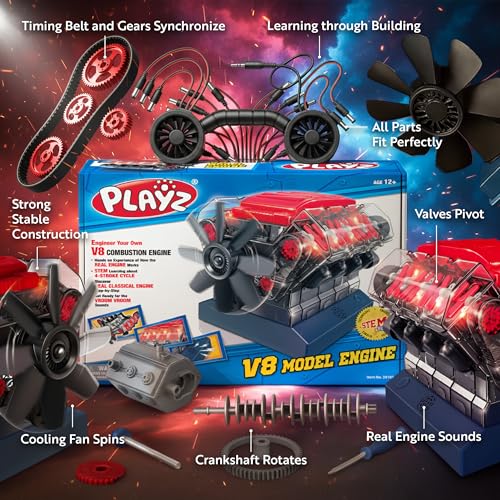 Playz Large V8 Engine Model Kit Build Your Own Mini V8 Engine kit that Runs | for Adults and Kids 8+,Working V8 Engine Building Blocks set DIY STEM kit, Visbile Real Mini Engine Build Kit that Works - style: V8 Engine