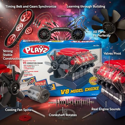 Playz Large V8 Engine Model Kit Build Your Own Mini V8 Engine kit that Runs | for Adults and Kids 8+,Working V8 Engine Building Blocks set DIY STEM kit, Visbile Real Mini Engine Build Kit that Works - style: V8 Engine
