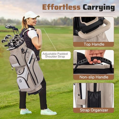 Goplus Lightweight Golf Cart Bag, Molded Lock Top Golf Club Bag w/14-Way Full Length Organizer Dividers, 11 Pockets, Cooler Bag, Straps, Umbrella Holder & Rain Hood for Men Women - color: Khaki+White