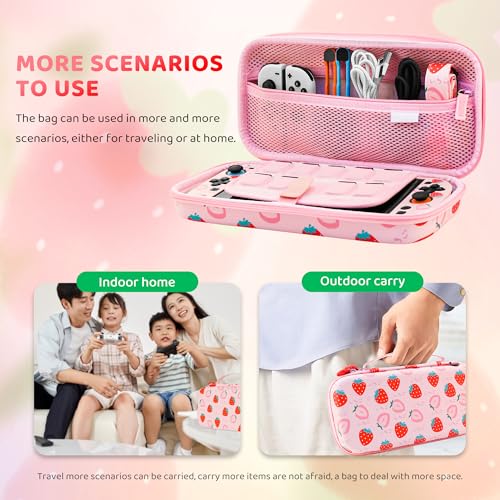 GLDRAM Pink Strawberry Carrying Case for Nintendo Switch 2 (2025), Cute Portable Hard Shell Travel Single Bag with 10 Game Card Slots & Shoulder Strap - color: Strawberry