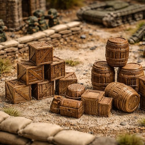 28mm 1:32 Scale Tabletop Terrain Set - 3D Printed Brown Wooden Scatter Props with Crates, Barrels, Treasure Chest & Kegs for Wargaming, RPG Diorama, Tavern & Dock Scenes (Brown)