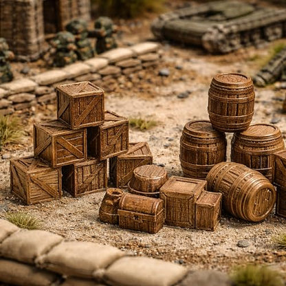 28mm 1:32 Scale Tabletop Terrain Set - 3D Printed Brown Wooden Scatter Props with Crates, Barrels, Treasure Chest & Kegs for Wargaming, RPG Diorama, Tavern & Dock Scenes (Brown)