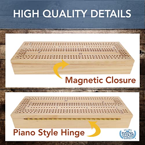 WE Games 3 Player Wooden Cribbage Set - Easy Grip Pegs and 2 Decks of Cards Inside of Board - Natural Wood - color: Natural