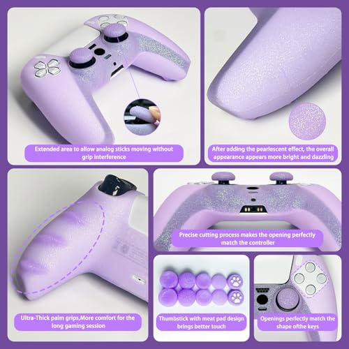 Purple Glitter Silicone Protective Case for PS5 Controller, Sparkly Bling Soft Cover Skins, Includes 8-in-1 Glitter Thumb Grip Caps + 2 Cat Paw Caps – Shockproof Dustproof Anti-Slip - color: Purple