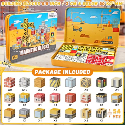 54 Pcs Mini Magnetic Blocks Travel Toys with Iron (Yellow) | Kids 3+ Mini Magnetic Cubes for Airplane & Car Ride Portable Storage Box Toddler Gifts Christmas Halloween New Year birthday