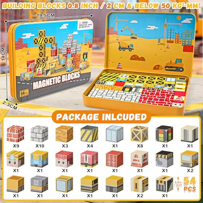 54 Pcs Mini Magnetic Blocks Travel Toys with Iron (Yellow) | Kids 3+ Mini Magnetic Cubes for Airplane & Car Ride Portable Storage Box Toddler Gifts Christmas Halloween New Year birthday