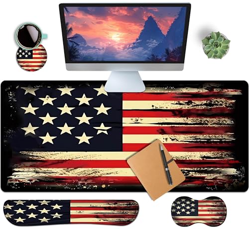 4-Piece Extended Large Mouse Pad Set for Women Men with Retro Flag Design Includes 35.4 x 15.7 XXL Large Mouse Pad Keyboard Wrist Rest Mouse Wrist Support and Coaster for Office Home - color: Retro Flag, size: Extra XXL -35.4"X15.7"