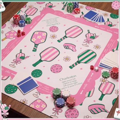 Pink Dickleball Martini Mahjong Mat with Rules 31.5" x 31.5" | Preppy Floral Design, Non-slip Noise Reduction, Mahjong Game Table Cover for Poker Board, Card Games, Dickleball Lovers Gifts - style: Preppy Pink