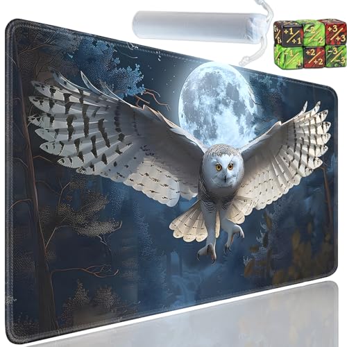 Playmat for MTG, 24x14 Inches Playmats, for TCG and CCG Trading Card Game Mat, Non-Slip Rubber for MTG Playmats with A Storage Bag and 6 Dice Set, Moon, Owl Pattern Black - color: Yu-Playmat-1-A17