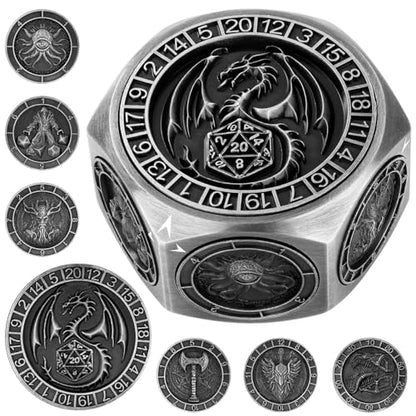 DND Polyhedral Game Dice, D&D Spinner Dice, 8-in-1 Metal Dice Set | 3D Hexagon Relief Design, D&D Spinner Dice, DND Gifts, Role Playing Board Game Accessories, with Gift Box, Dark Silver - color: Silver