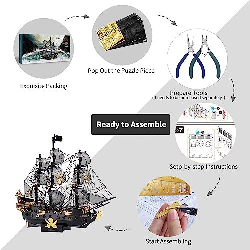 Piececool 3D Metal Puzzles for Adults, Black Pearl Pirate Ship Model Kits with DIY Tools, Watercraft Metal Model Building Kit for Birthday Christmas Gifts - color: Black Pearl&Tools