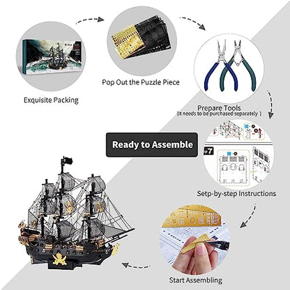 Piececool 3D Metal Puzzles for Adults, Black Pearl Pirate Ship Model Kits with DIY Tools, Watercraft Metal Model Building Kit for Birthday Christmas Gifts - color: Black Pearl&Tools