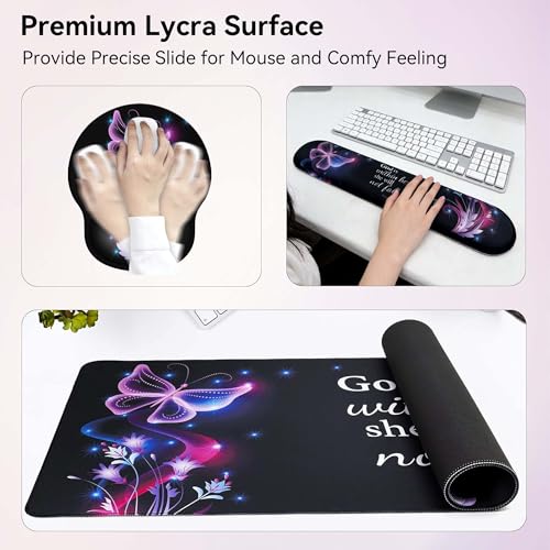 Desk Mat Set Keyboard and Mouse Pad with Wrist Rest Support | Ergonomic,Pain Relief, 4-in-1 Large Big Mousepad Computer Mats,Desk Pad Matt Mats for Desktop Home & Office - color: E1-Purple Butterflies