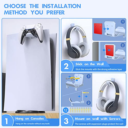Wall Mount Holder for PS5 Pro/Slim and Switch Controllers - Strong Adhesive/Screw Headphone Stand, Headset Hanger Hook for Universal Controller and Headset - 6 Pack