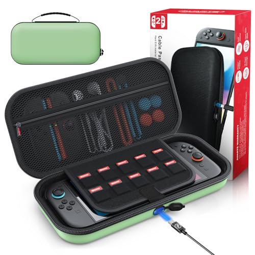 Auarte [Charge Inside Carrying Case for Switch 2 Console (2025)/OLED-Green | Slim Hard Portable Travel Carry Case Bag for Switch 2 Accessories with 10 Game Card Storage - color: Green