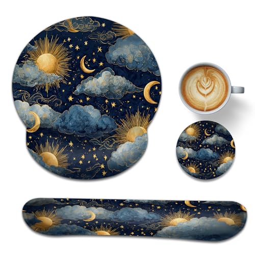 Starry Night Keyboard Wrist Rest Pad Ergonomic Mouse Pad Set,Sun Moon 3 in 1 Memory Foam Mouse Pad with Non Slip Base for Office and Home - color: Starry Night Sun Moon