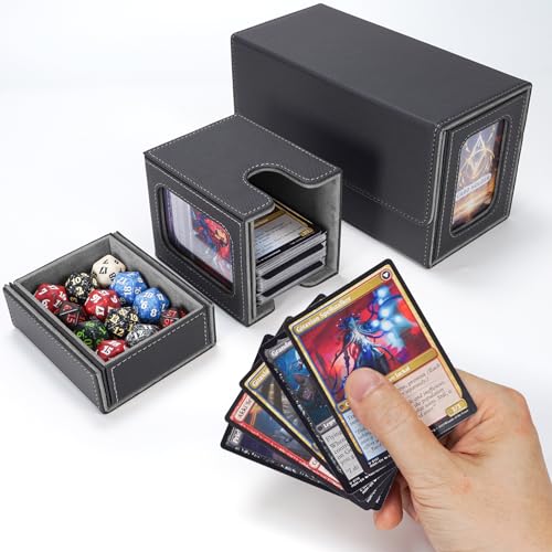 AFIING MTG Commander Card Storage Box - Fits 200 Double Sleeved Cards,3-in-1Card Deck Case,Strong Magnet Card Organizer For Magic Commander TCG CCG,4Dividers &2 Toploaders, Black/Grey - color: Black Grey