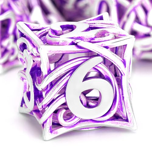 FONVGOGO Metal DND Dice Set of 7 for Dungeons and Dragons Hollow Polyhedral Metal Vine Dice Set DND with Case Role Playing D and D RPG Dice for Tabletop Games Ttrpg (Vine White Purple) - color: Vine White Purple