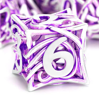FONVGOGO Metal DND Dice Set of 7 for Dungeons and Dragons Hollow Polyhedral Metal Vine Dice Set DND with Case Role Playing D and D RPG Dice for Tabletop Games Ttrpg (Vine White Purple) - color: Vine White Purple