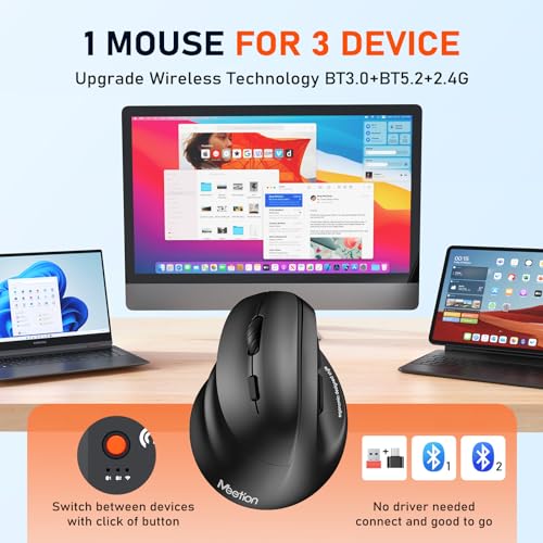 MEETION Left-Handed Ergonomic Mouse,Vertical RGB Mouse, Bluetooth 5.2 & 3.0 + 2.4G USB-A with USB-C Adapter, 4 Adjustable DPI Rechargeable Wireless Mouse for Windows/Mac/PC/Tablet/Black - color: Black