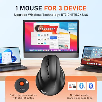 MEETION Left-Handed Ergonomic Mouse,Vertical RGB Mouse, Bluetooth 5.2 & 3.0 + 2.4G USB-A with USB-C Adapter, 4 Adjustable DPI Rechargeable Wireless Mouse for Windows/Mac/PC/Tablet/Black - color: Black