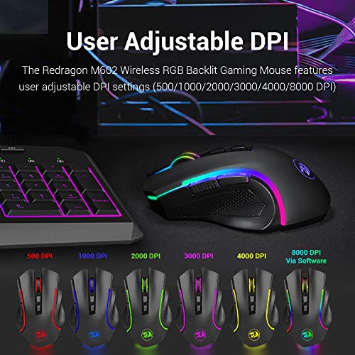 Redragon M602 Griffin RGB Gaming Mouse, Tri-Mode 2.4G/USB-C/Bluetooth Mouse Gaming, RGB Spectrum Backlit Ergonomic Mouse with 7 Programmable Backlight Modes up to 8000 DPI for Win PC Gamers (Wireless) - color: Black