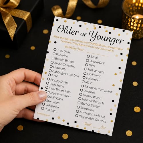 Black and Gold 60th Birthday Games Set, Born in the 1960s, 20 Guests | 5" x 7" Dual-Sided Cards, Who Knows Best, Older or Younger, and 1960s Trivia Games, Answer Keys Included